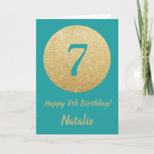 Happy 7th Birthday Teal and Gold Glitter Card