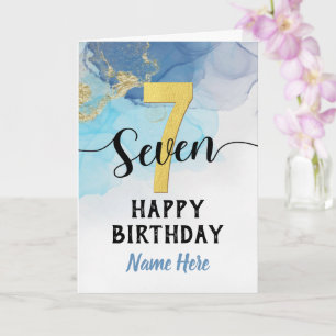 Happy 7th Birthday Watercolor Blue & gold Boy Card