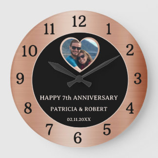 Happy 7th Copper Wedding Anniversary Heart Photo Large Clock