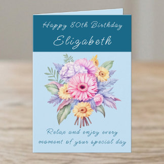 Happy 80th Birthday add name floral blue Card