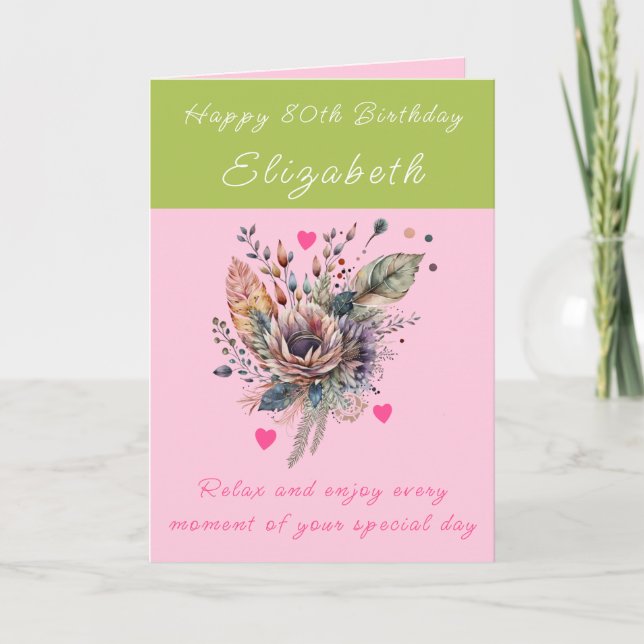 Happy 80th Birthday add name floral pink Card (Front)