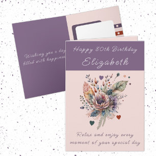 Happy 80th Birthday add name floral purple Card