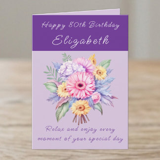 Happy 80th Birthday add name floral purple Card