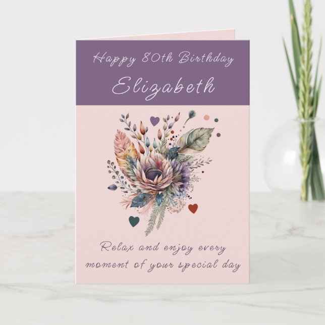 Happy 80th Birthday add name floral purple Card (Front)