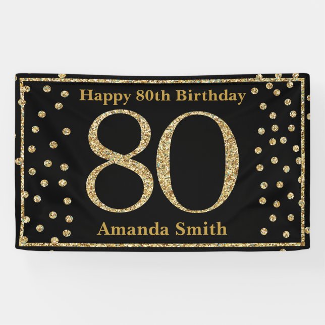 Happy 80th Birthday Banner Black and Gold Glitter (Horizontal)