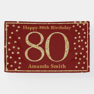 Happy 80th Birthday Banner Burgundy Red Gold