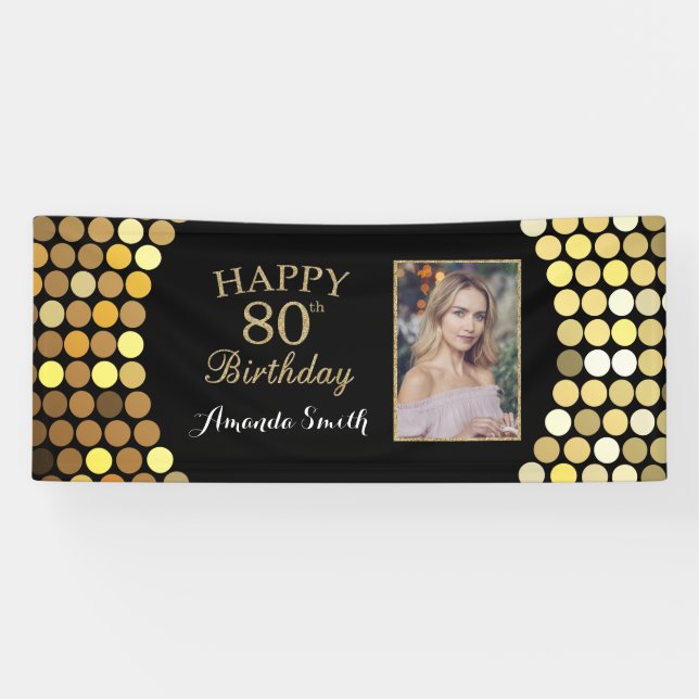Happy 80th Birthday Banner. Gold Glitter Photo Banner (Horizontal)