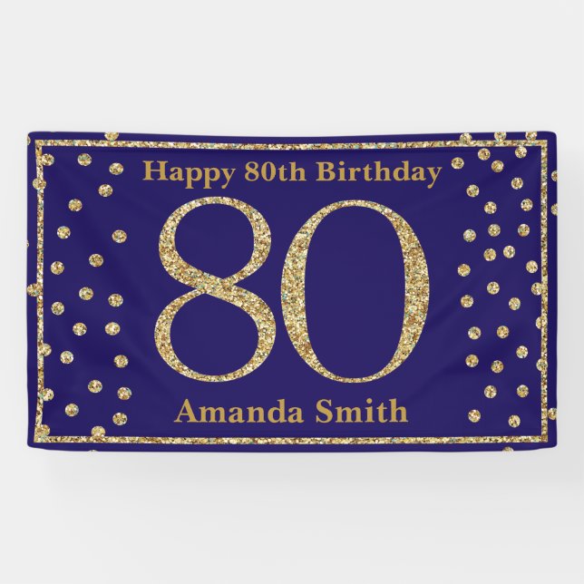 Happy 80th Birthday Banner Navy Blue Gold Glitter (Horizontal)