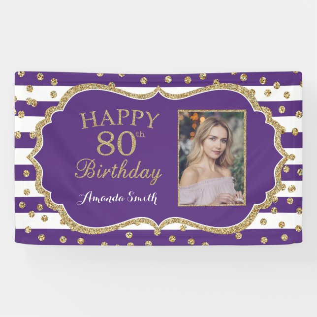 Happy 80th Birthday Banner Purple Gold Photo (Horizontal)