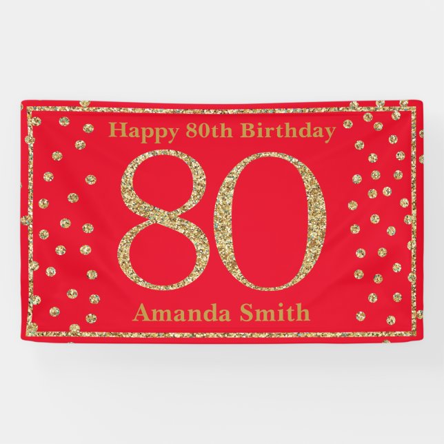 Happy 80th Birthday Banner Red and Gold Glitter (Horizontal)