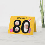 Happy 80th Birthday Big 80 Picture Frame Holiday Card<br><div class="desc">Fill the space in the zero and 8 with someone special turning 80! This yellow design with confetti,  gifts and a party hat on the 0 is a cute way to say Happy 80th Birthday!</div>