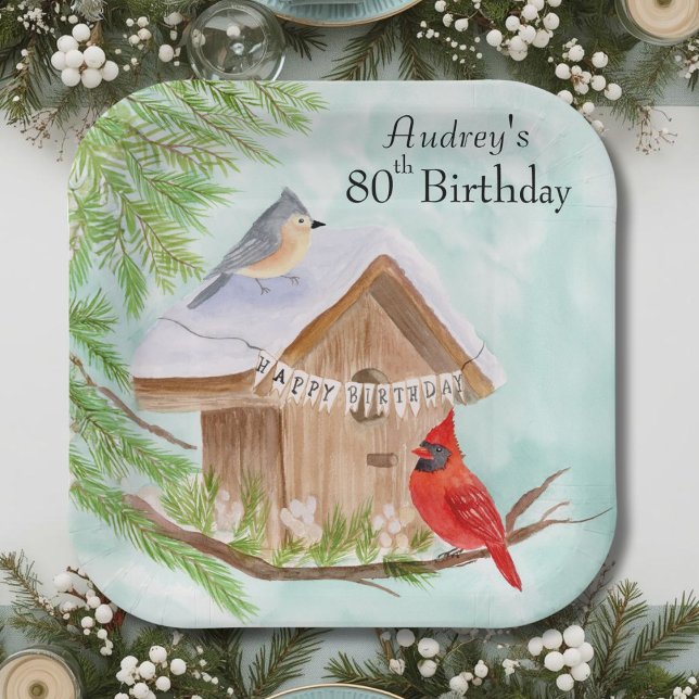  Happy 80th Birthday Birds at Birdhouse Paper Plate (Creator Uploaded)