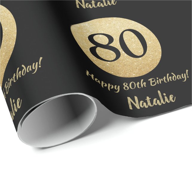Happy 80th Birthday Black and Gold Glitter Wrapping Paper (Roll Corner)