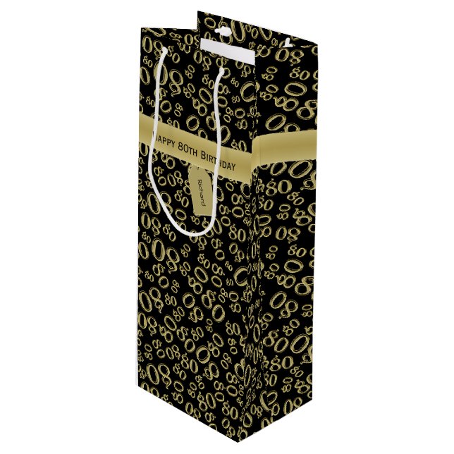 Happy 80th Birthday Black and Gold Number Pattern Wine Gift Bag (Front Angled)