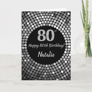 Happy 80th Birthday Black and Silver Glitter Card