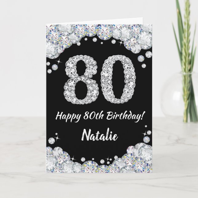Happy 80th Birthday Black and Silver Glitter Card (Front)