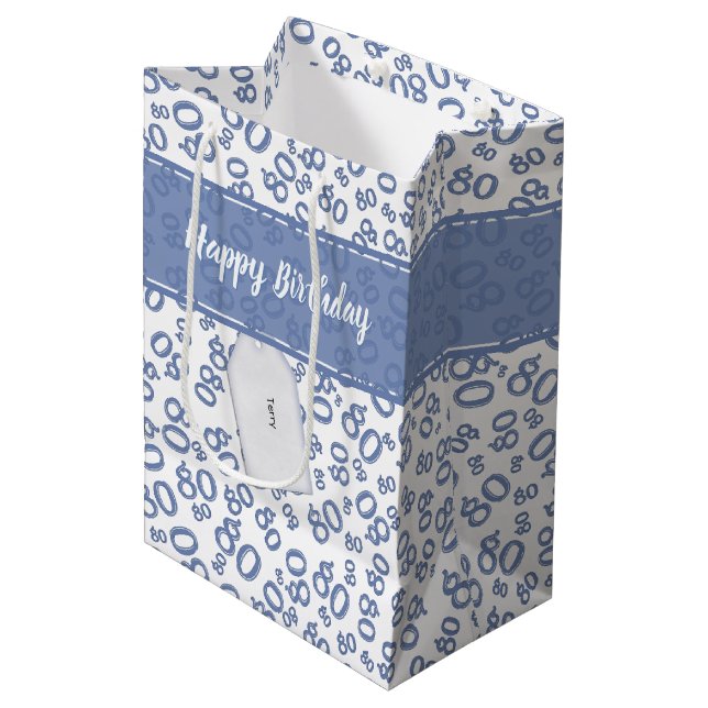 Happy 80th Birthday Blue and White Number Pattern Medium Gift Bag (Front Angled)