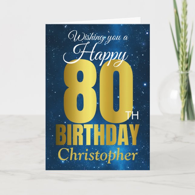 Happy 80th Birthday Blue Gold Card (Front)