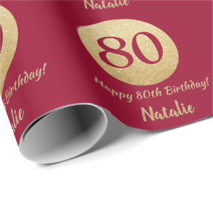 Happy 80th Birthday Burgundy Red and Gold Glitter Wrapping Paper