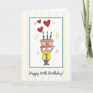 Happy 80th Birthday, Cake and Hearts Card