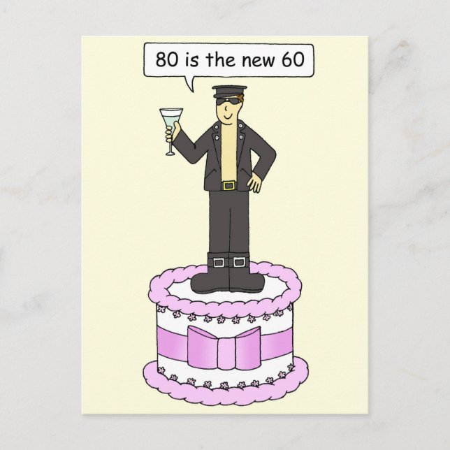 Happy 80th Birthday Cartoon Man on a Cake Postcard (Front)