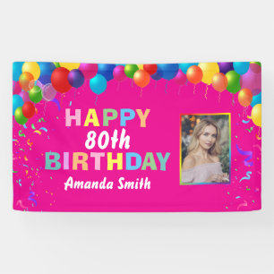 Happy 80th Birthday Colourful Balloons Hot Pink Banner