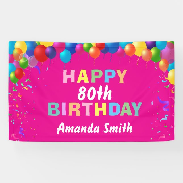 Happy 80th Birthday Colourful Balloons Hot Pink Banner (Horizontal)