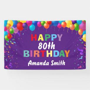 Happy 80th Birthday Colourful Balloons Purple Banner