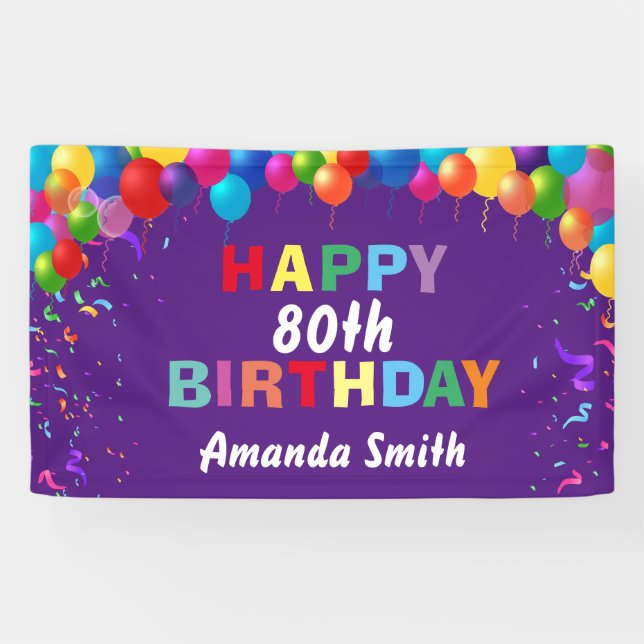 Happy 80th Birthday Colourful Balloons Purple Banner (Horizontal)