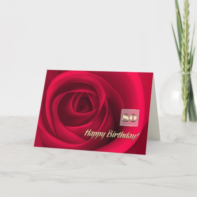 Happy 80th Birthday. Elegant Red Rose  Card (Front)