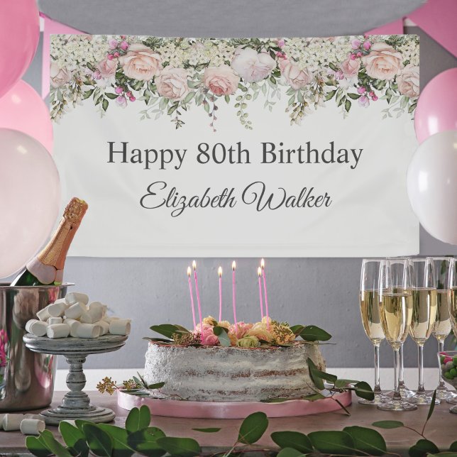 Happy 80th Birthday Feminine Pink Roses Floral Banner (Creator Uploaded)