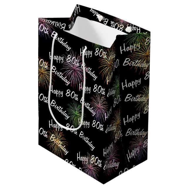 Happy 80th Birthday fireworks on black Medium Gift Bag (Front Angled)
