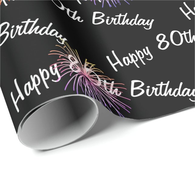 Happy 80th Birthday fireworks on black Wrapping Paper (Roll Corner)