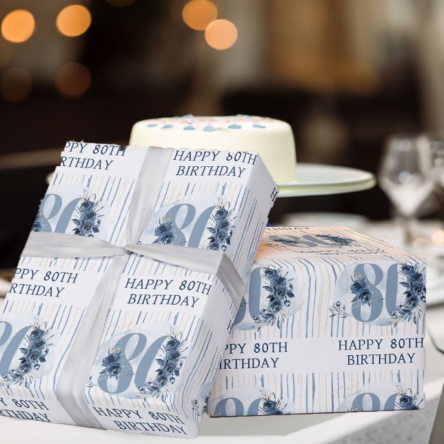 Happy 80th Birthday Floral Number 80 Wrapping Paper (80th Birthday wrapping paper from my Floral Number Milestone Birthday Collection)