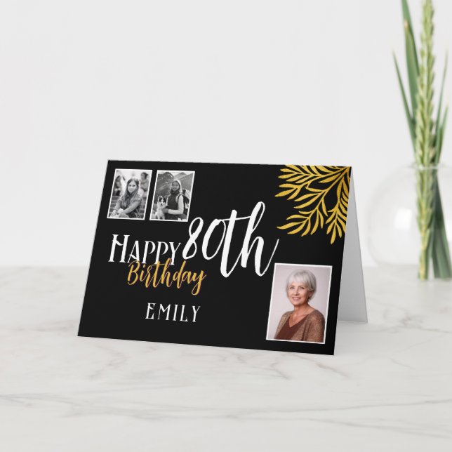 Happy 80th Birthday Gold Foliage 3 Photo Card (Front)