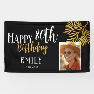Happy 80th Birthday Gold Foliage Photo Backdrop Banner