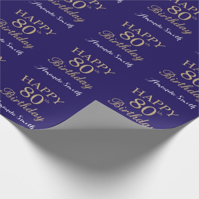 Happy 80th Birthday Gold Glitter and Navy Blue Wrapping Paper (Corner)