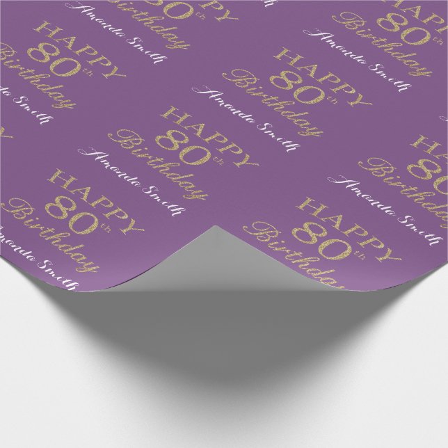 Happy 80th Birthday Gold Glitter and Purple Wrapping Paper (Corner)