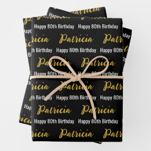 Happy 80th Birthday Gold Name Black and White Wrapping Paper Sheet