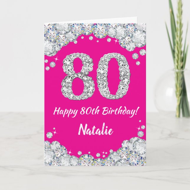 Happy 80th Birthday Hot Pink and Silver Glitter Card (Front)