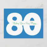 Happy 80th Birthday Milestone Postcards - in Blue<br><div class="desc">Here's an 80th birthday idea that's memorable and fun: a mailbox stuffed with personalised postcards sending well wishes from your family and friends! Simply customise the postcard text (you can even personalise with a name on the front) and the return address, affix a postcard stamp to the back, and mail...</div>