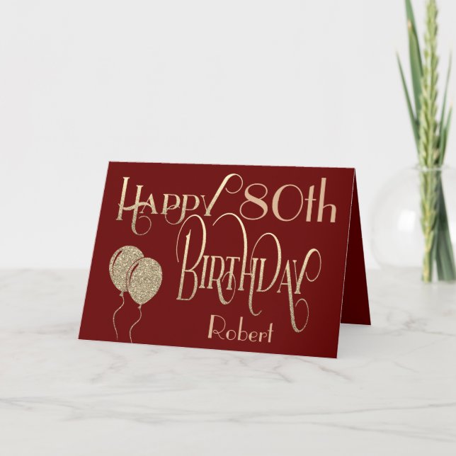 Happy 80th Birthday Name Gold Text Burgundy Card (Front)
