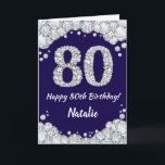Happy 80th Birthday Navy Blue and Silver Glitter Card<br><div class="desc">Happy 80th Birthday Navy Blue and Silver Glitter Card with personalised name. For further customisation,  please click the "Customise it" button and use our design tool to modify this template.</div>