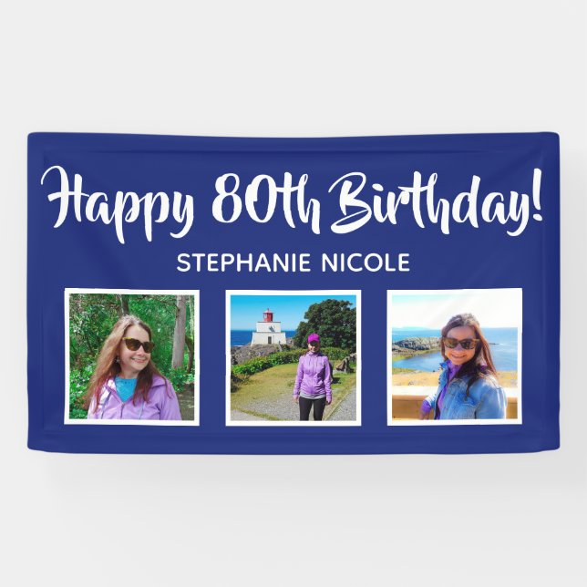 Happy 80th Birthday Navy Blue Personalised Photos Banner (Horizontal)