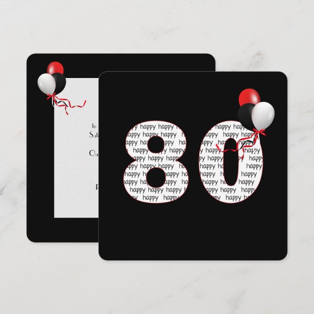 Happy 80th Birthday On Black Invitation (Front/Back)