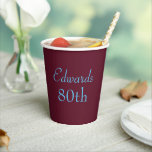 Happy 80th Birthday Party Maroon And Blue Paper Cups<br><div class="desc">He'll love these personalised maroon and light blue paper cups. Celebrate this milestone 80th birthday with matching party tableware. To edit the text click on the personalise button.</div>