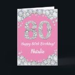 Happy 80th Birthday Pink and Silver Glitter Card<br><div class="desc">Happy 80th Birthday Pink and Silver Glitter Card with personalised name. For further customisation,  please click the "Customise it" button and use our design tool to modify this template.</div>