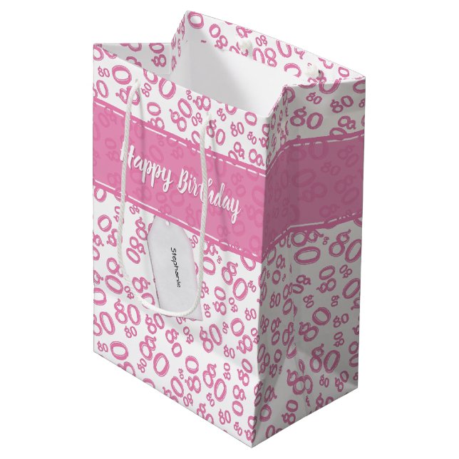 Happy 80th Birthday Pink and White Number Pattern Medium Gift Bag (Front Angled)