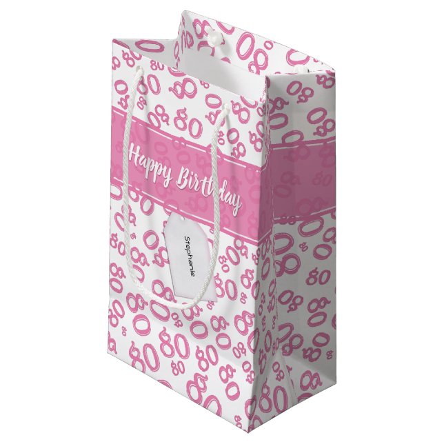 Happy 80th Birthday Pink and White Number Pattern Small Gift Bag (Front Angled)