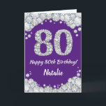 Happy 80th Birthday Purple and Silver Glitter Card<br><div class="desc">Happy 80th Birthday Purple and Silver Glitter Card with personalised name. For further customisation,  please click the "Customise it" button and use our design tool to modify this template.</div>